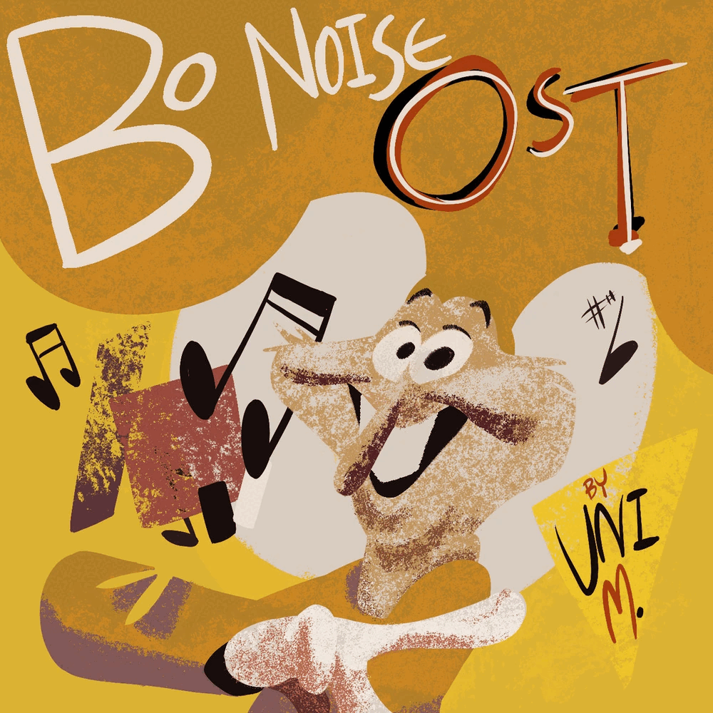 The album cover for Uni M.'s soundtrack for Super Bo Noise. The album cover consists of the Bo Noise smiling at the viewer while pointing to the right side. Their hat, which has once again been stylized to look like bunny ears, has been exaggerated to a comically large size and functions as the splash background for the album's title (Bo Noise OST). The other most notable stylization is the Bo Noise's giant buck tooth. The artstyle has a somewhat classic Looney Tunes look to it, as well as a UPA look to it with the shapes that make up Bo's upper body. A couple simplistic shapes and black music notes make the background for the sountrack, with the upside down triangle having the musciain's name in it (UNI. M). The cover has a grainy filter over the entire image.